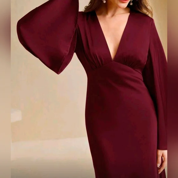 New Flowy Satin High Waist Flare Long Sleeve Maxi Dress Burgundy Red